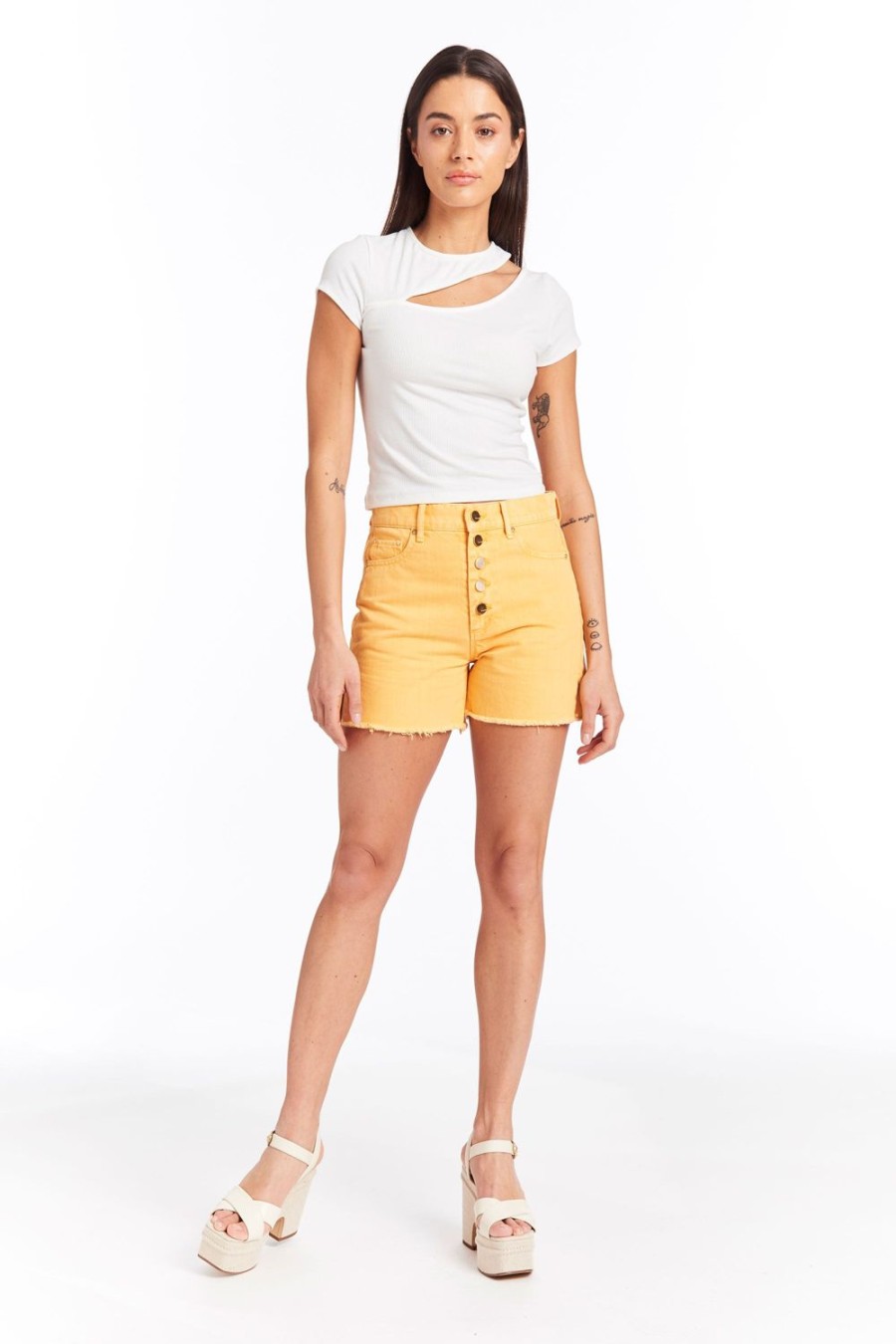 Women Tractr Cut Off | Hampton - High Rise Side Slit Short With Raw Edge Hem