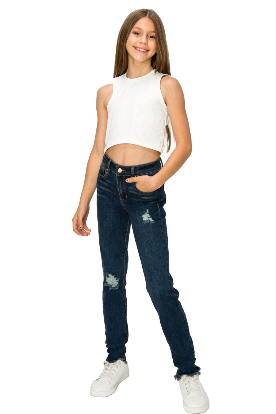 Girls Tractr Distressed | Nina - High Rise Skinny With Destruction And Fray Hem Indigo