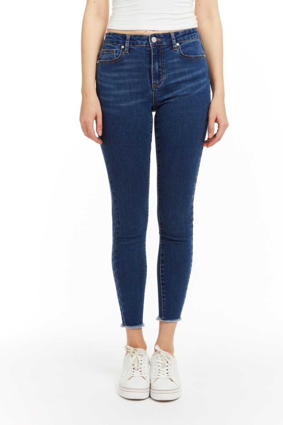 Women Tractr Mid Rise | Diane - Basic Mid Rise Skinny With Fray Hem In Indigo