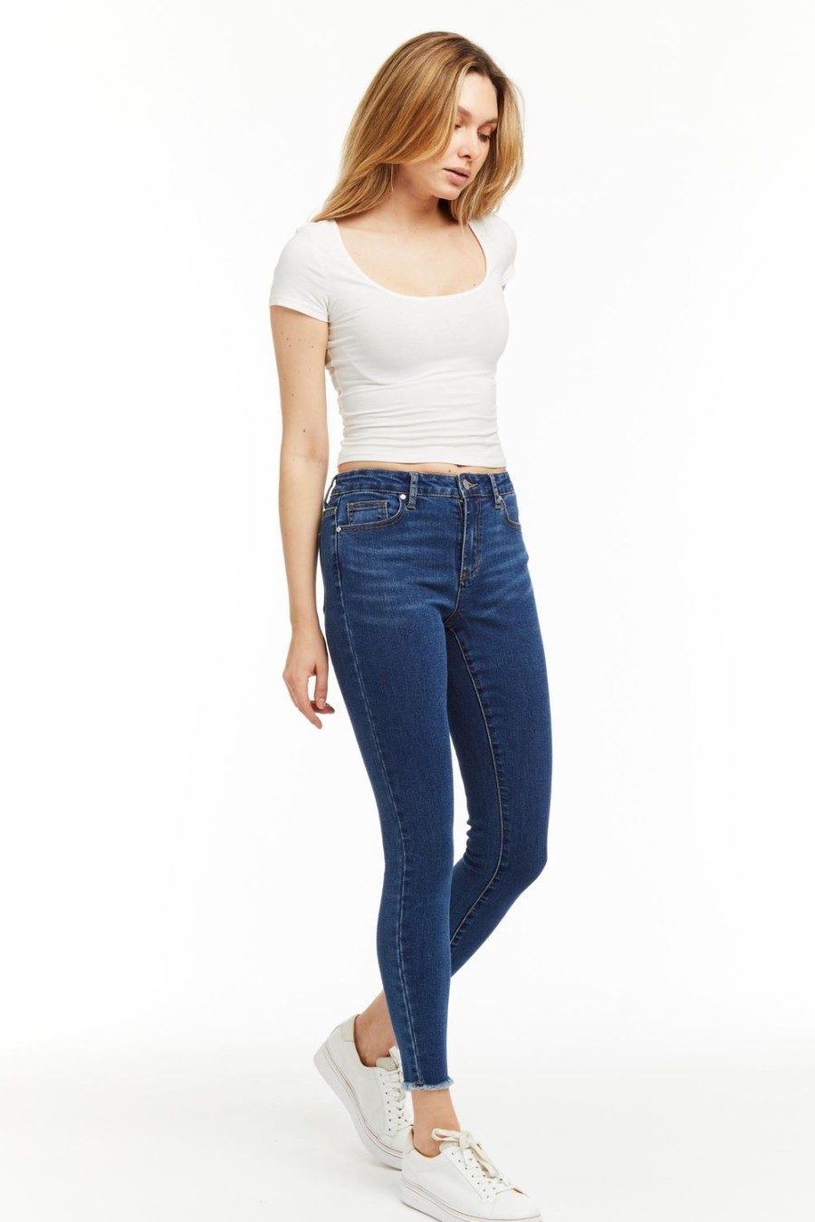 Women Tractr Mid Rise | Diane - Basic Mid Rise Skinny With Fray Hem In Indigo