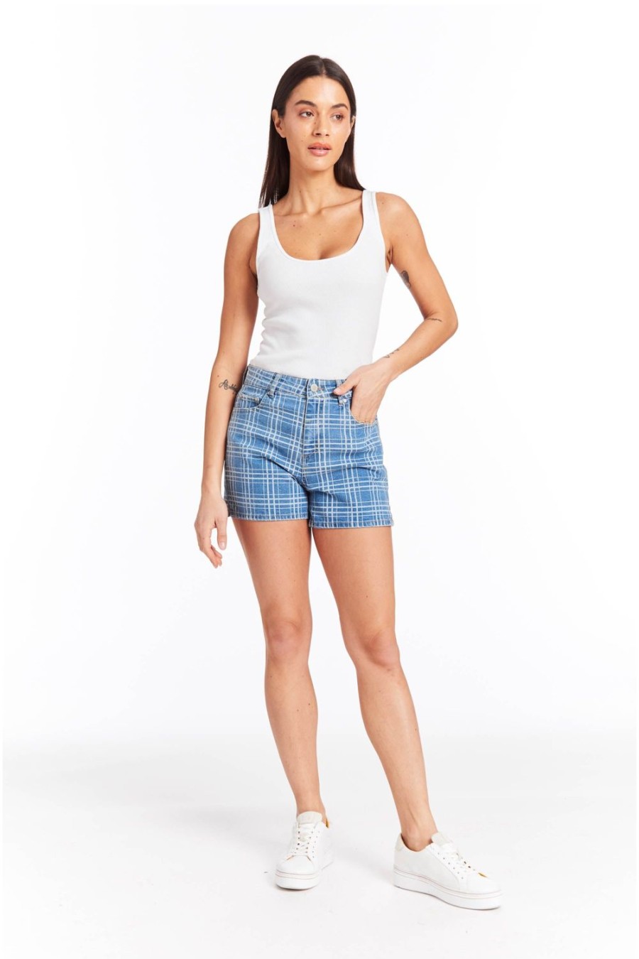 Women Tractr High Rise | Holly - High Rise Plaid Print Side Slit Short Indigo