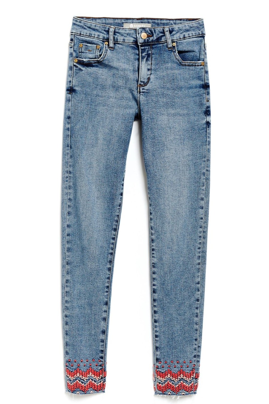 Girls Tractr Mid Rise | Diane - Embroidered Hem Skinny Indigo